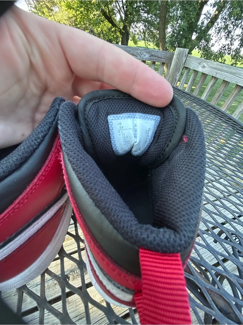 Nike Air Jordan Kids' Black and Red High-Top Sneakers with White Swoosh size 1.5